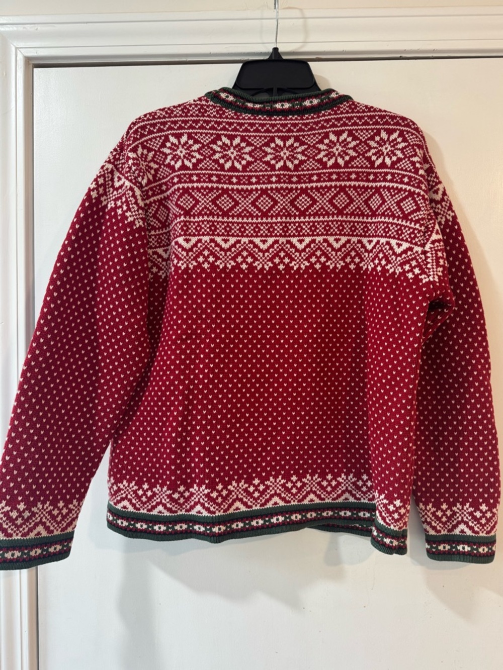 Vintage L.L. Bean Red and White Nordic Button-Front Sweater with Green Trim - Picture 3 of 3